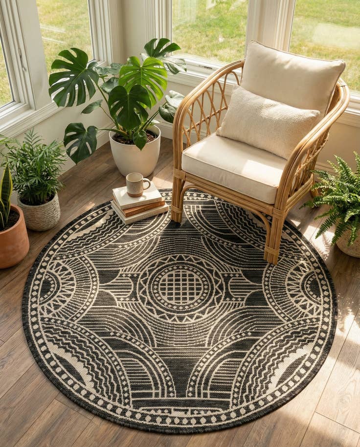 Detail image of 4' 1 x 4' 1 Easy-Clean Traditional Indoor / Outdoor Round Rug