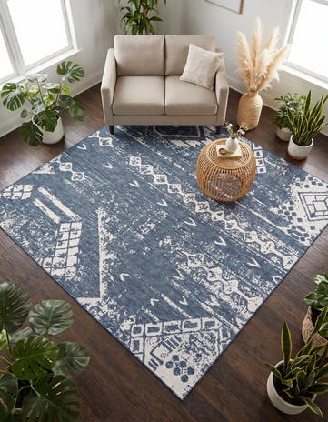 Blue Easy-Clean Bohemian Indoor / Outdoor Square Rug