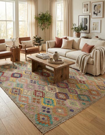 7' x 8' 2 Hand Woven Kilim Modern Wool Square Rug