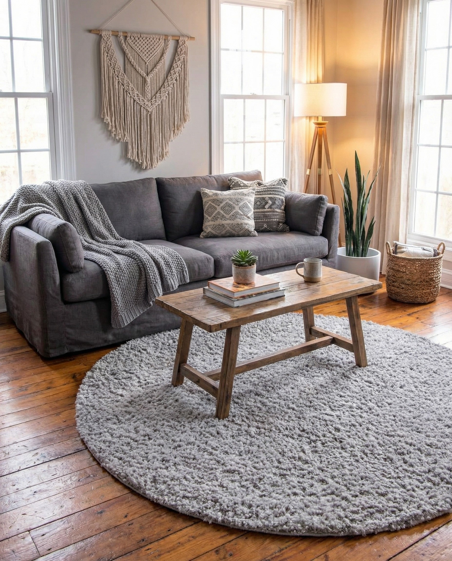A 6' 0 round gray shag rug with a soft, textured pile, suitable for a living room or bedroom.