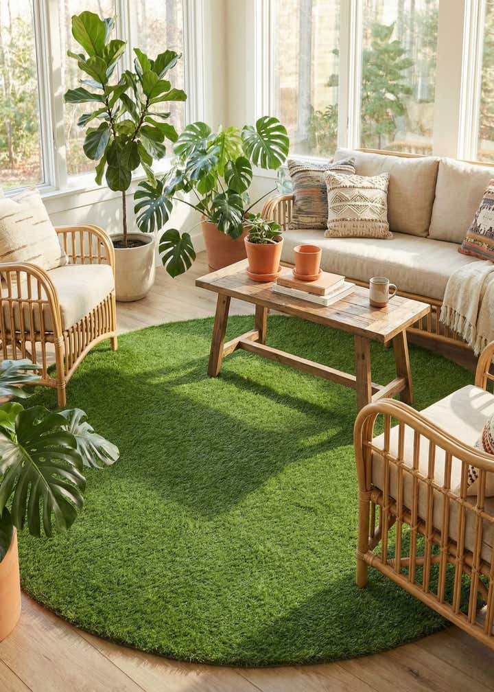7' 10 x 7' 10 Easy-Clean Grass Indoor / Outdoor Round Rug