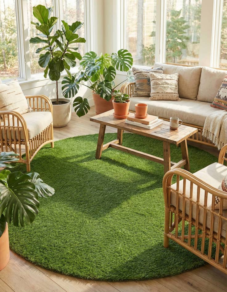 Detail image of 7' 10 x 7' 10 Easy-Clean Grass Indoor / Outdoor Round Rug
