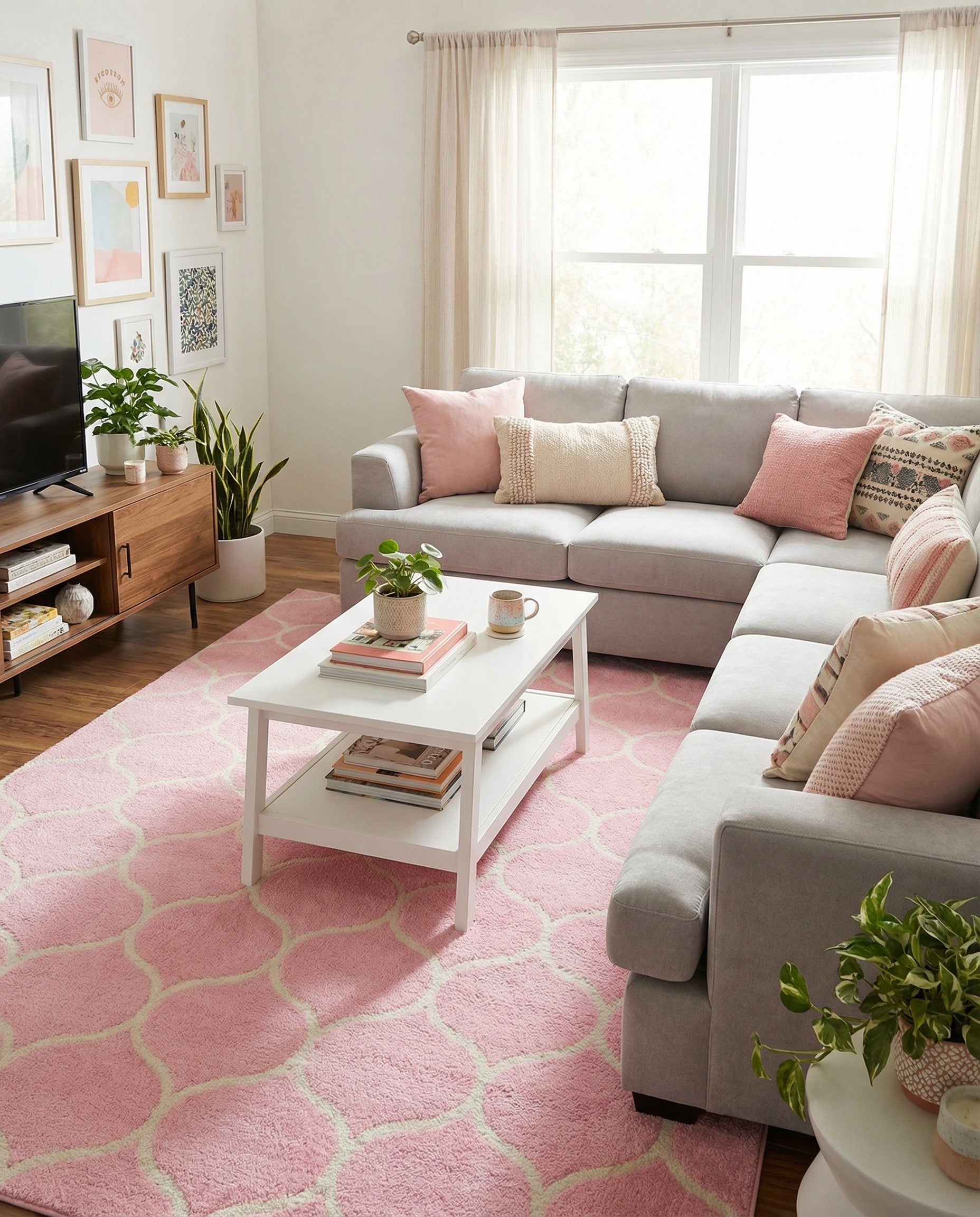 A 9x12 rectangular pink area rug with a repeating off-white modern trellis pattern, suitable for a living room.