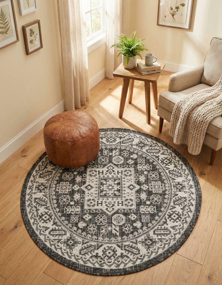 Detail image of 3' x 3'  Washable Aztec Indoor / Outdoor Round Rug