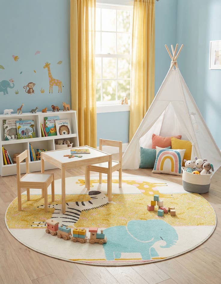 Detail image of 5' 3 x 5' 3 Animals Whimsy Kids Round Rug