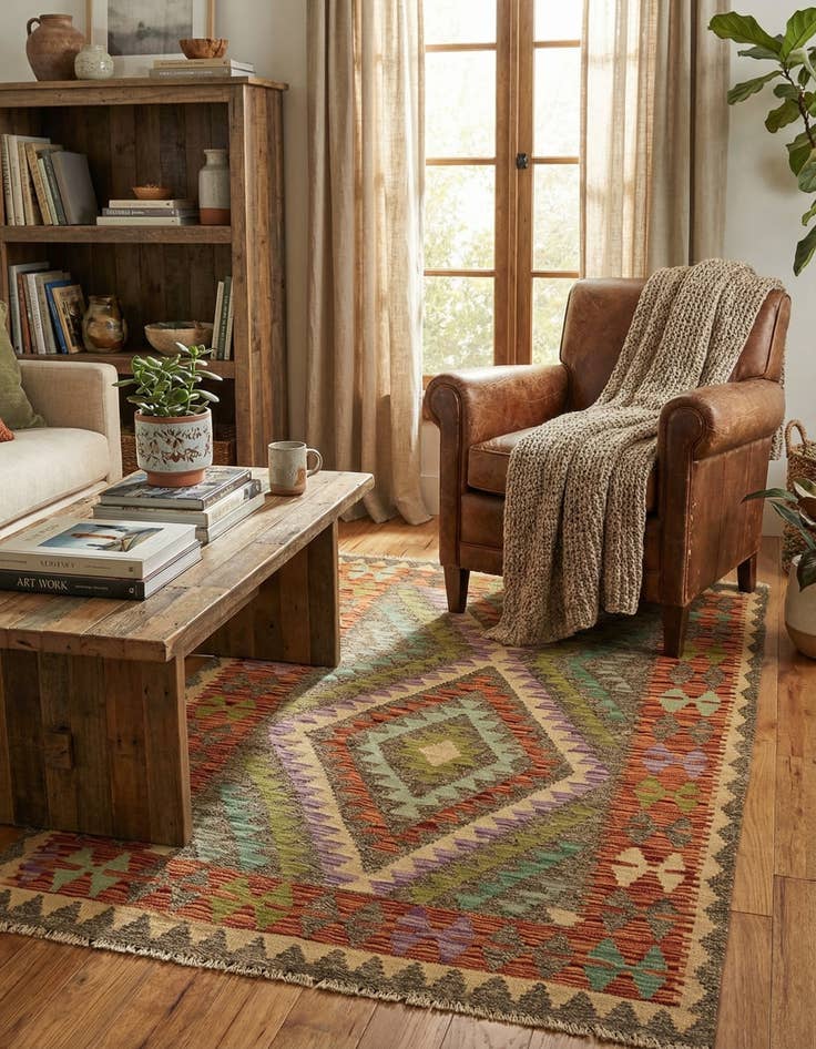 Detail image of  3' 6 x 5'  Hand Woven Kilim Maymana Wool Rug