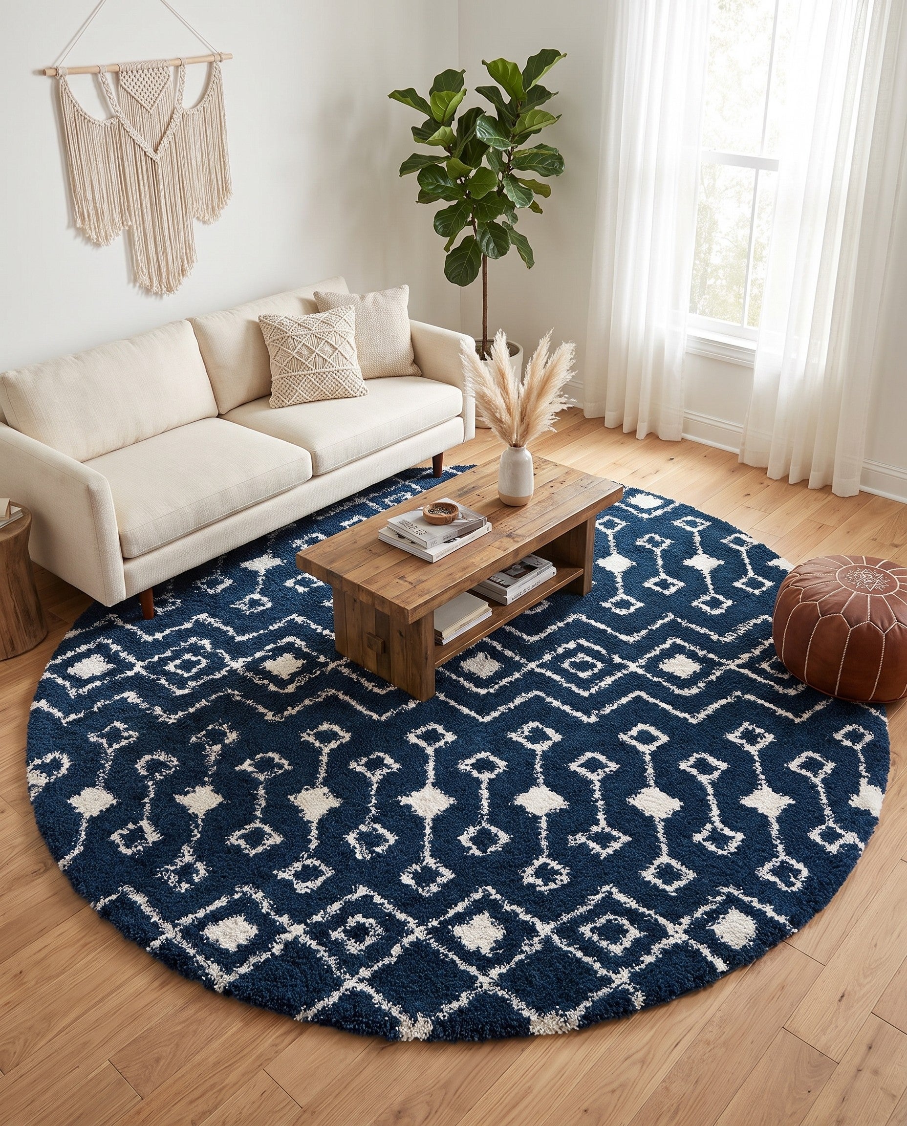 Navy Blue Moroccan Trellis Shag Round Rug