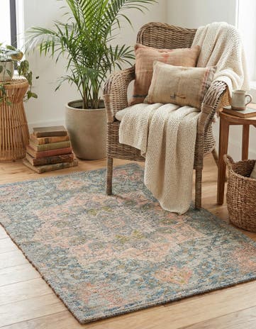 Blue and Peach Hand Woven Chenille Jute Rug
