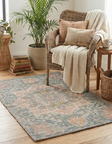 Blue and Peach Hand Woven Chenille Jute Rug