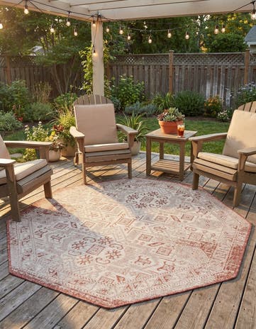 Rust Red Easy-Clean Aztec Indoor / Outdoor Octagon Rug