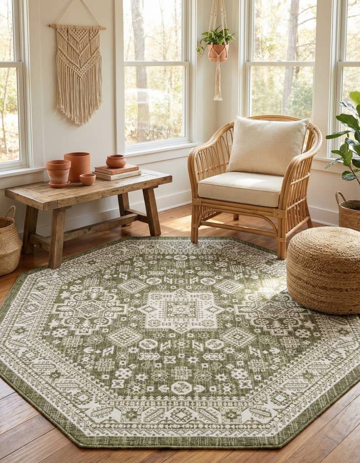 Detail image of 7' 10 x 7' 10  Washable Aztec Indoor / Outdoor Octagon Rug