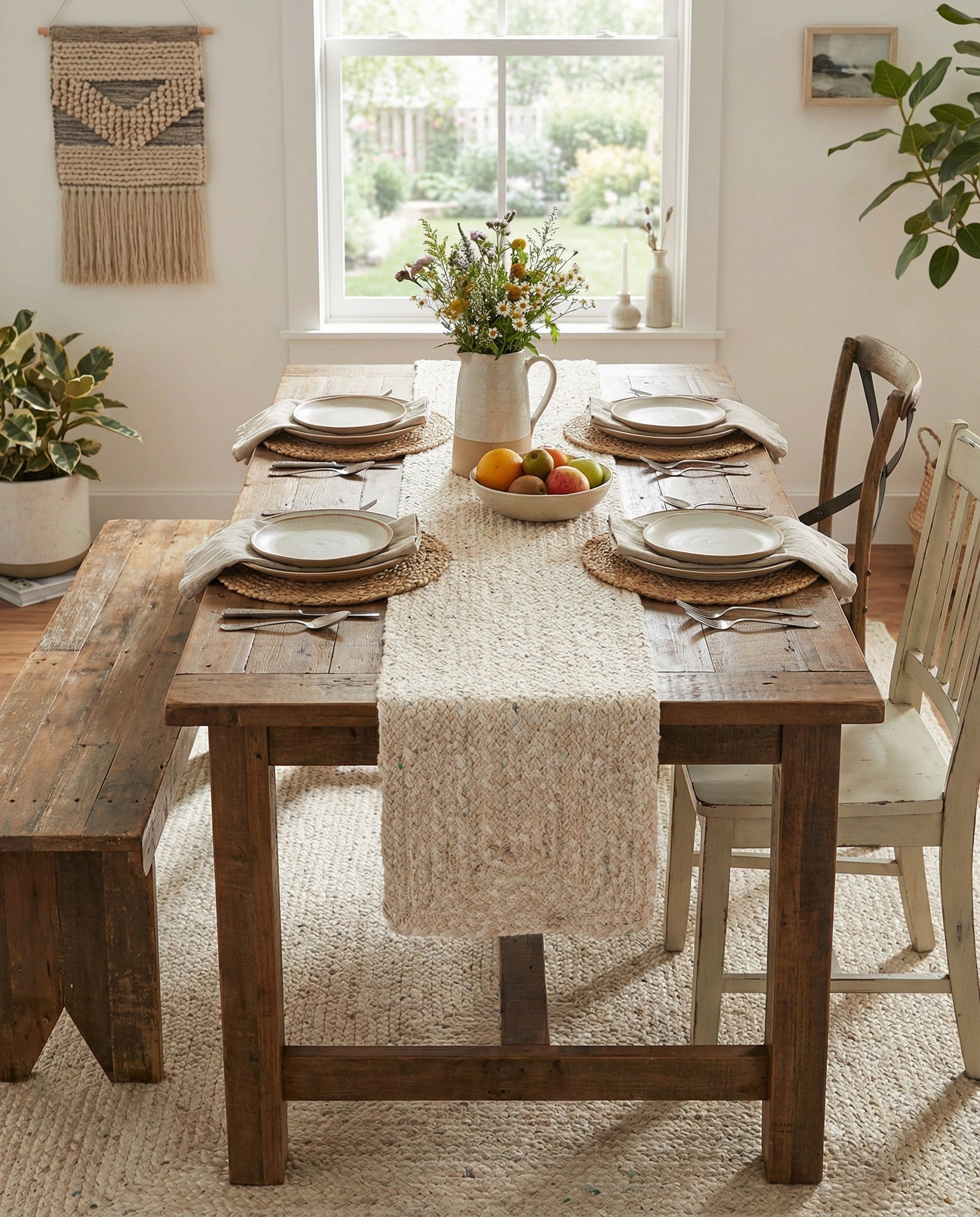 A 1' 2 x 8' 0 ivory braided cotton runner rug with a textured, solid pattern, ideal for a hallway or table.