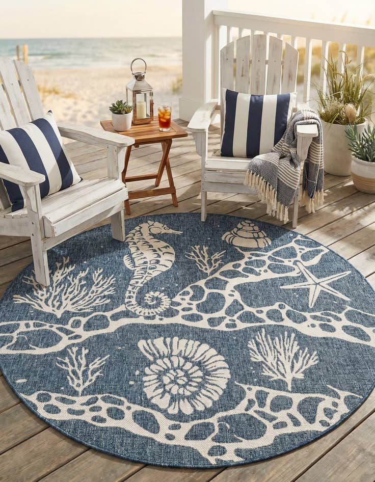 Detail image of 6' x 6'  Washable Coastal Indoor / Outdoor Round Rug