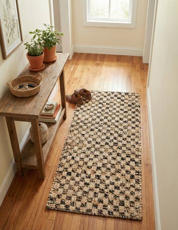 Black and Natural Hand Woven Checkered Jute Wool Runner Rug