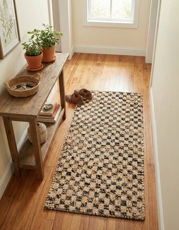 Black and Natural Hand Woven Checkered Jute Wool Runner Rug