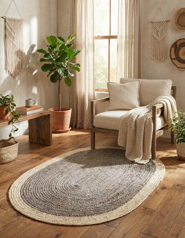 Gray and White Handmade Braided Jute Oval Rug
