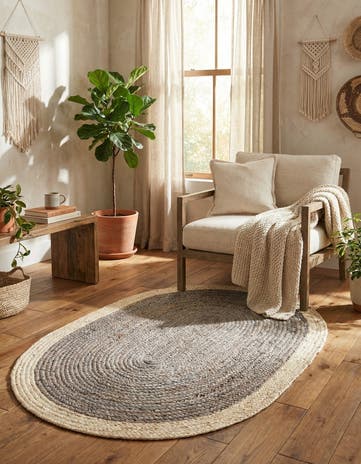 Gray and White Handmade Braided Jute Oval Rug