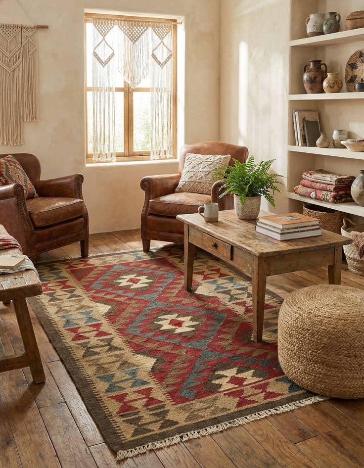 Detail image of 3' 4 x 4' 10  Hand Woven Kilim Maymana Wool Rug