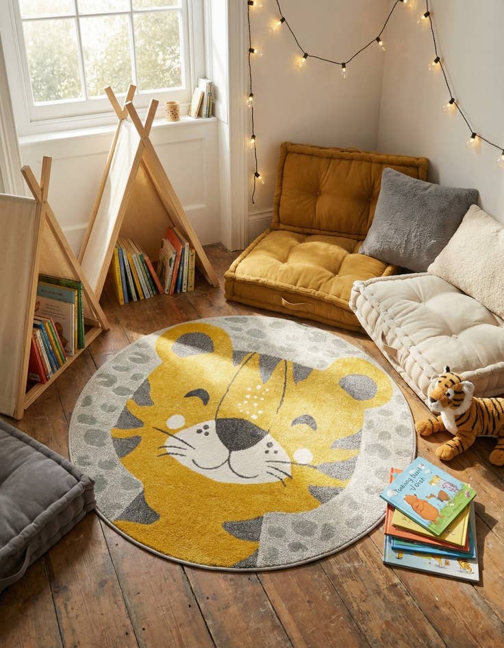 Detail image of 5' 3 x 5' 3 Tiger Whimsy Kids Round Rug