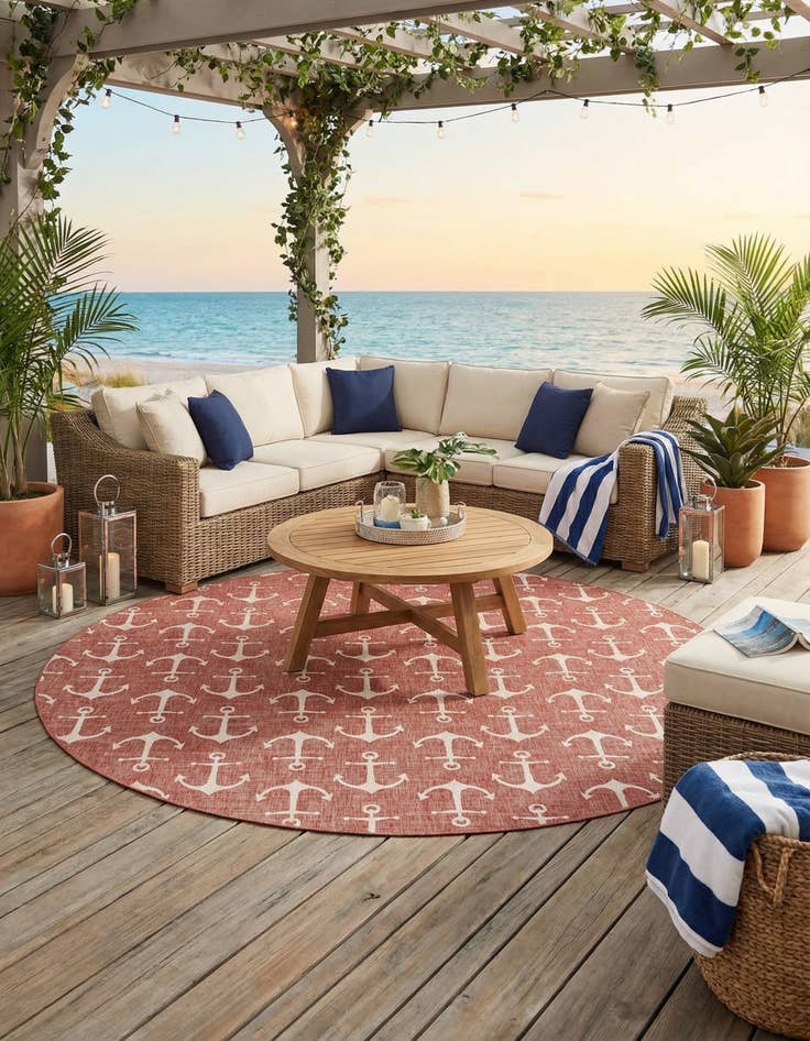 Detail image of  13' x 13'  Washable Coastal Indoor / Outdoor Round Rug