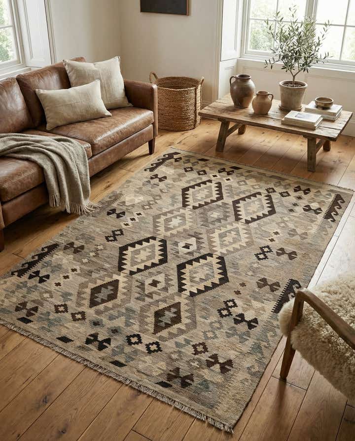 4' 11 x 6' 8 Hand Woven Kilim Maymana Wool Rug