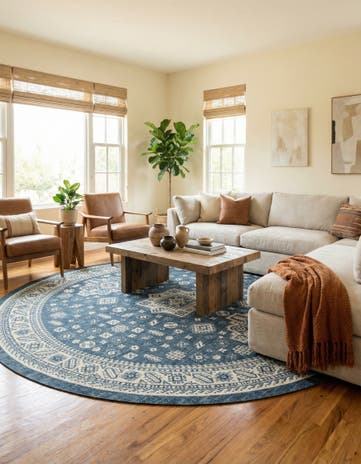 Blue Easy-Clean Aztec Indoor / Outdoor Round Rug