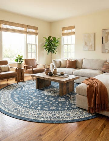 Blue Easy-Clean Aztec Indoor / Outdoor Round Rug