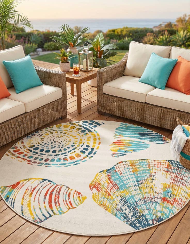 Detail image of 7' x 7'  Washable Coastal Indoor / Outdoor Round Rug