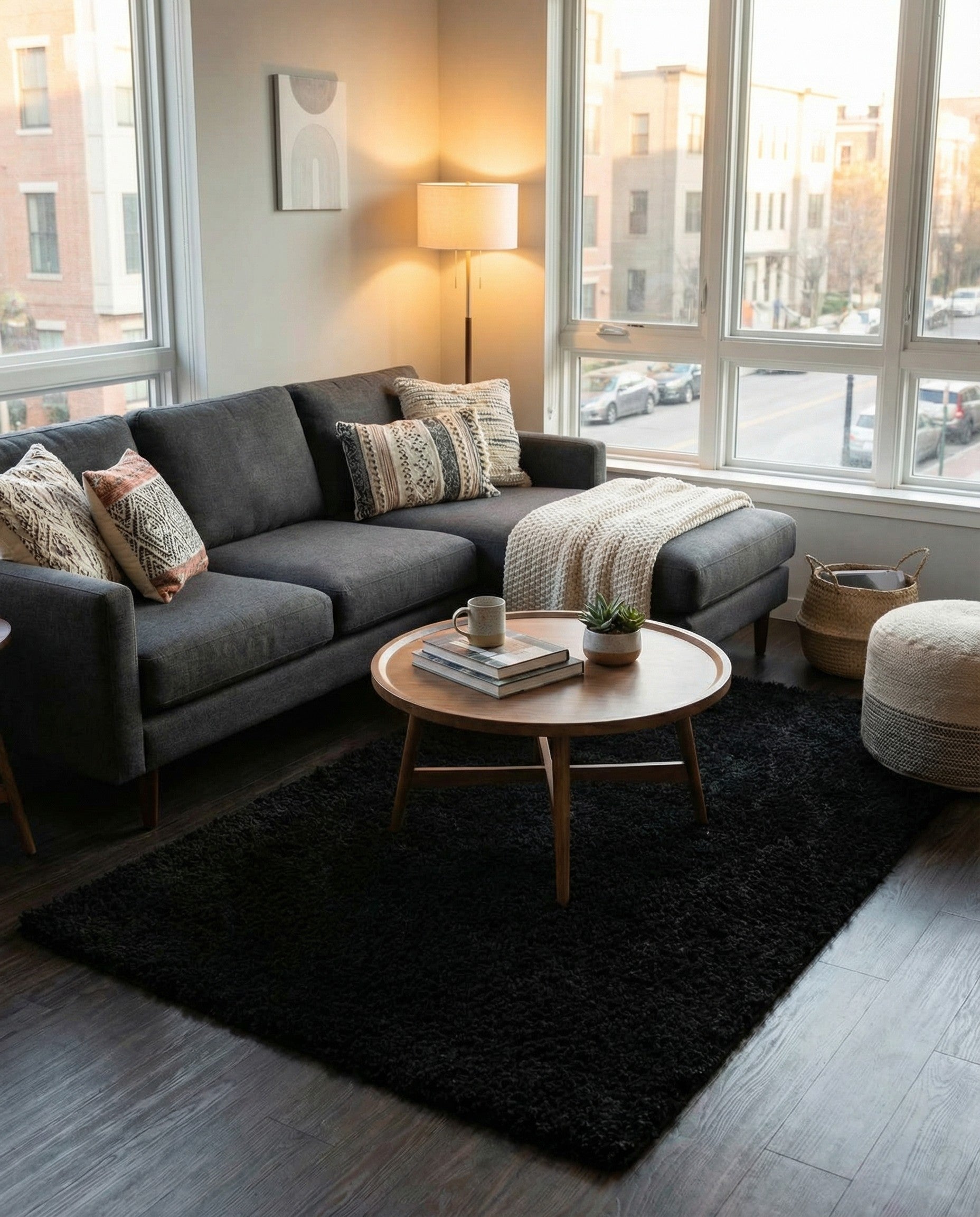 A 4x6 rectangular black shag rug with a textured pile, perfect for a modern living room or bedroom.