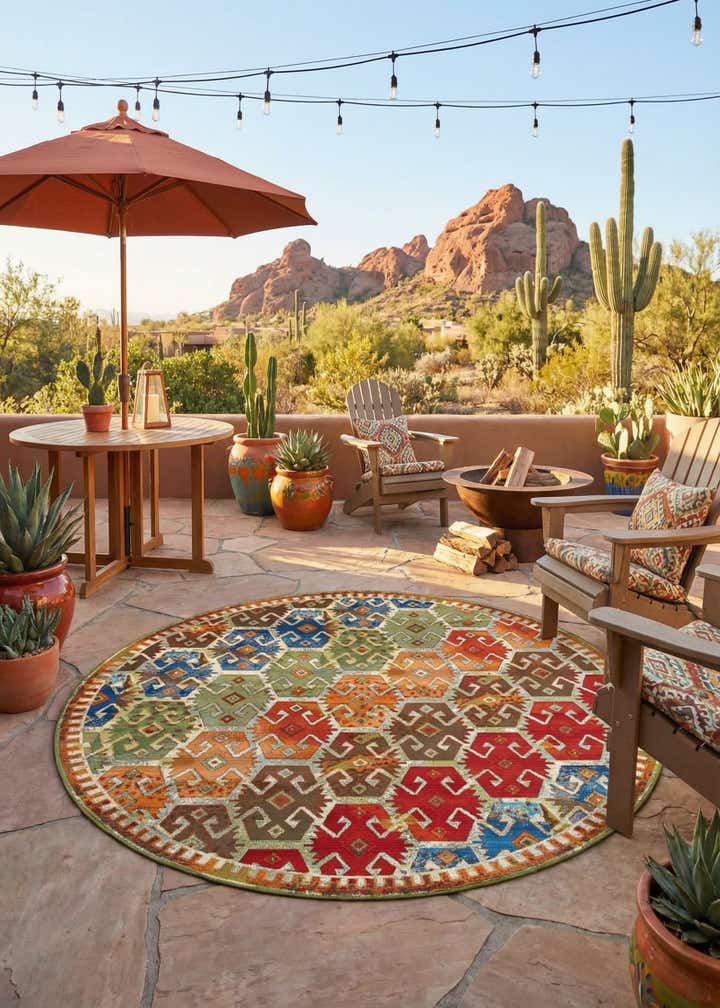7' 10 x 7' 10 Easy-Clean Southwestern Indoor / Outdoor Round Rug