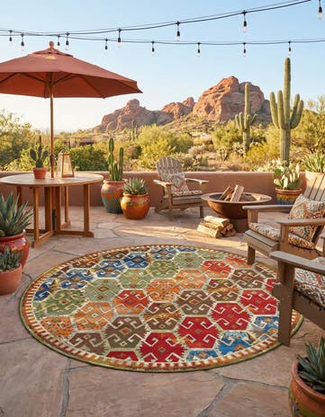 Easy-Clean Southwestern Indoor / Outdoor Round Rug