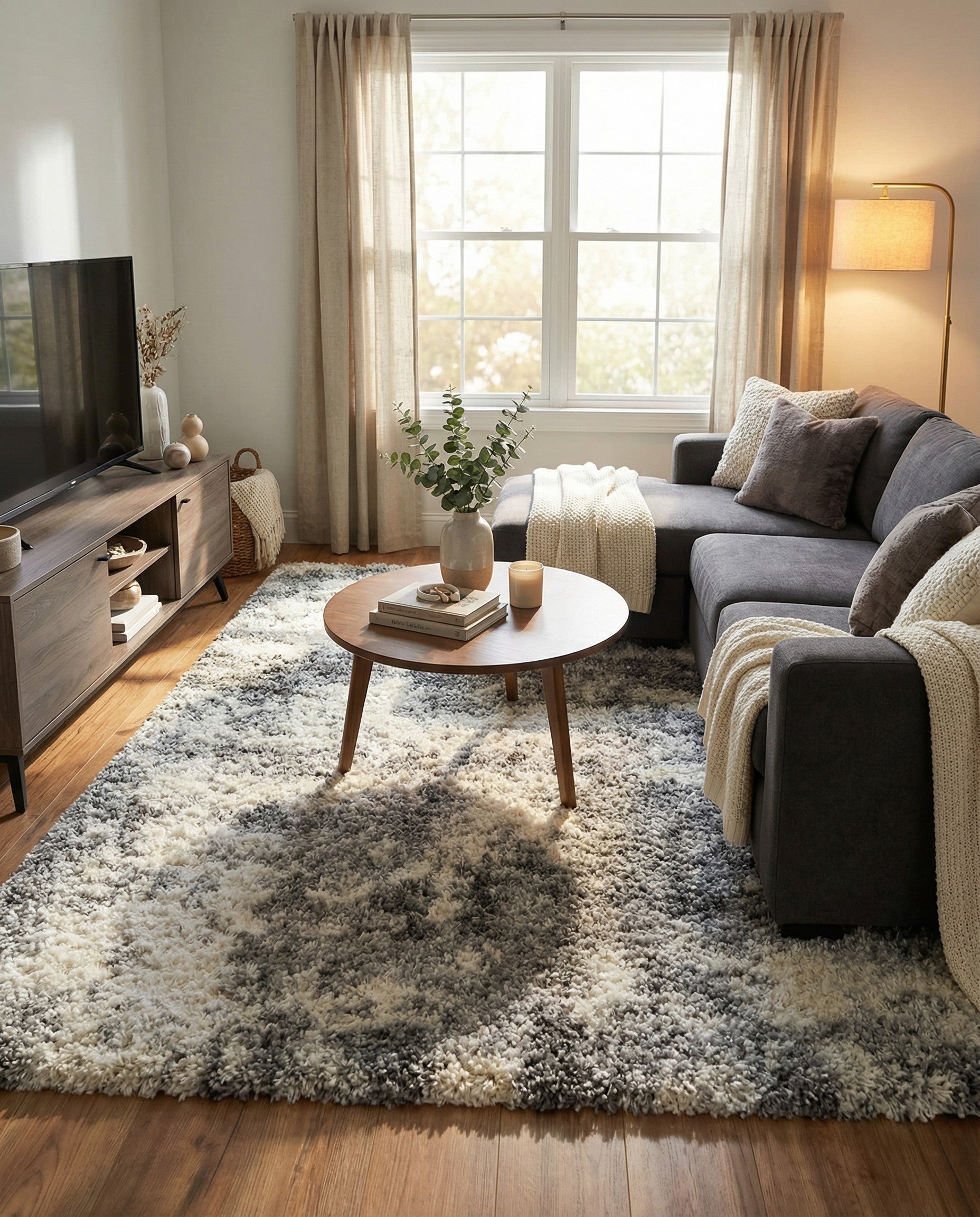 A 7' 10 x 7' 10 square gray and silver shag area rug with a modern abstract pattern.