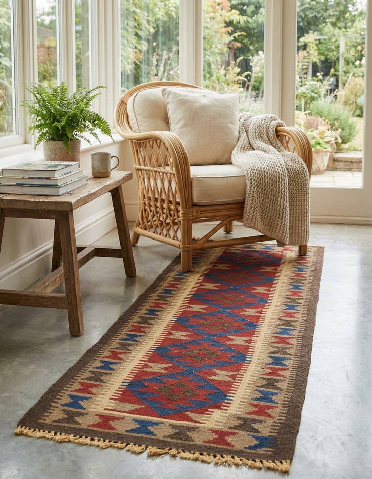 Detail image of 2' x 6' 5  Hand Woven Kilim Maymana Wool Runner Rug