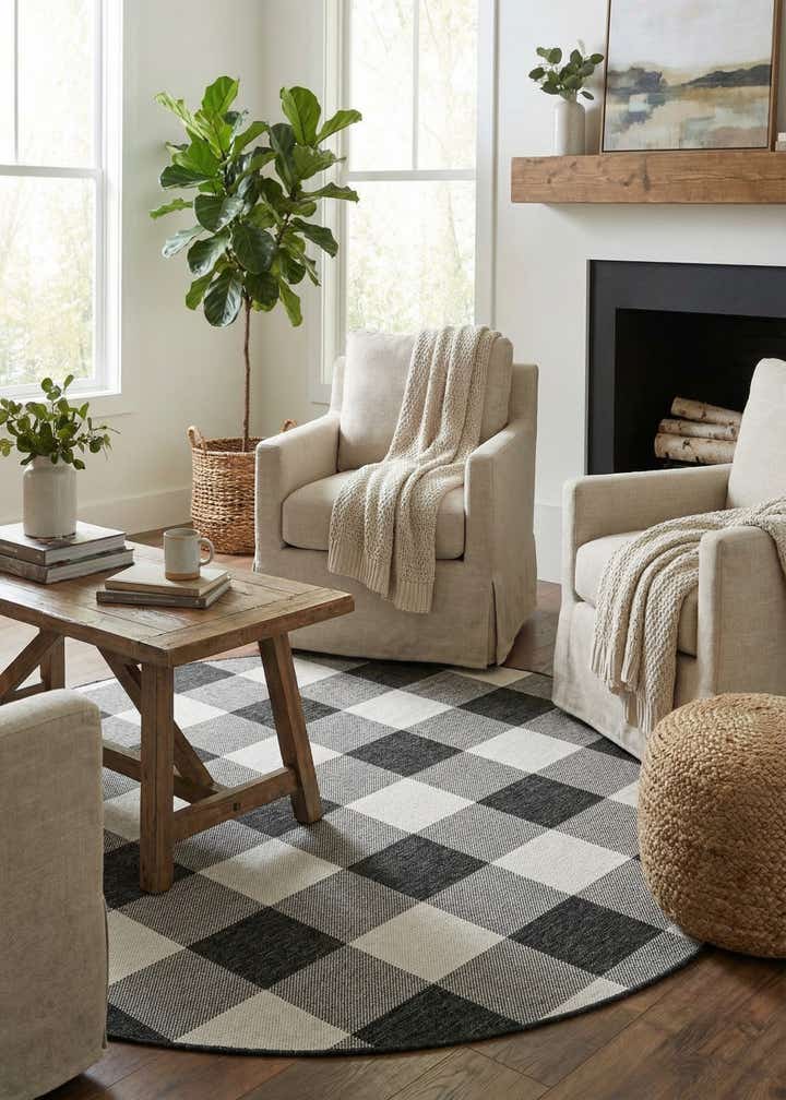 6' x 6' Easy-Clean Checkered Indoor / Outdoor Round Rug