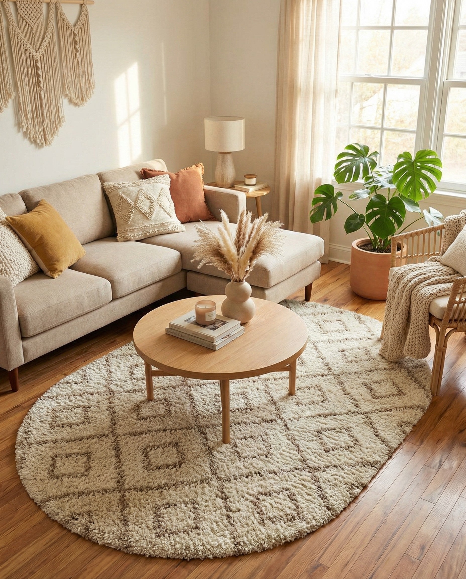 An oval 4'x6' Rugs.com Lattice Shag rug featuring a modern geometric diamond pattern in cream and brown.