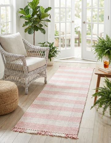 Pink Easy-Clean Eco Plaid Washable Indoor / Outdoor Runner Rug