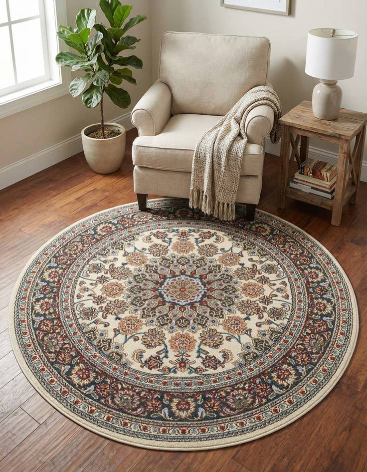 Detail image of 4' 1 x 4' 1  Washable Traditional Indoor / Outdoor Round Rug