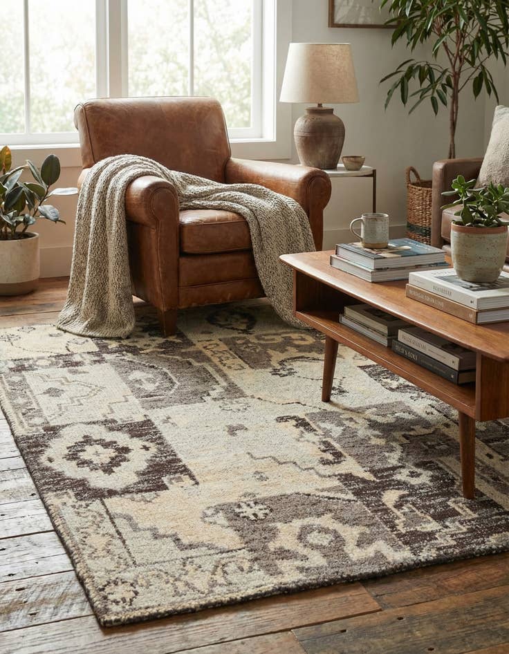 Detail image of  4' x 5' 8  Hand Knotted Patchwork Wool Rug