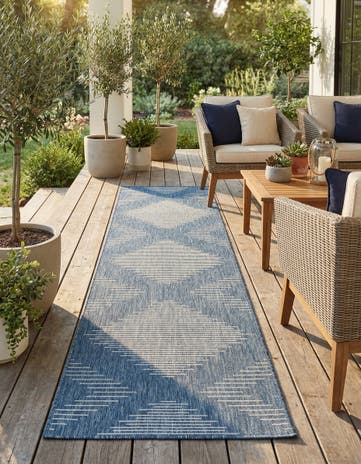 Blue Easy-Clean Modern Indoor / Outdoor Runner Rug