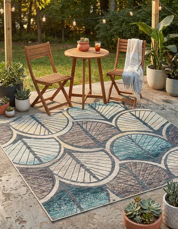 Gray Blue Ivory Easy-Clean Casablanca Indoor / Outdoor Square Rug