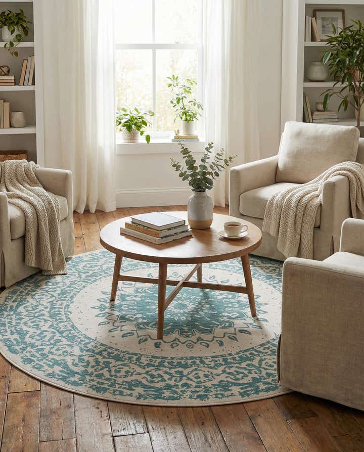 7' 10 x 7' 10 Easy-Clean Traditional Indoor / Outdoor Round Rug