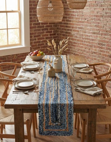 Blue and Natural Handmade Braided Chindi Table Runner Rug