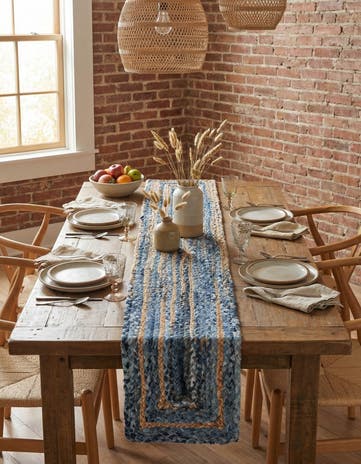 Blue and Natural Handmade Braided Chindi Table Runner Rug