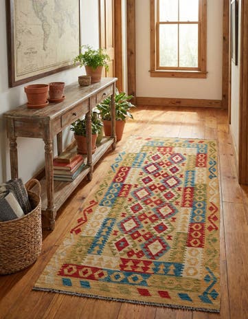 3' 5 x 6' 8 Hand Woven Kilim Maymana Wool Runner Rug