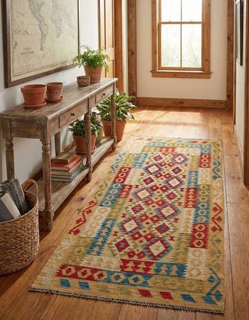 3' 5 x 6' 8 Hand Woven Kilim Maymana Wool Runner Rug