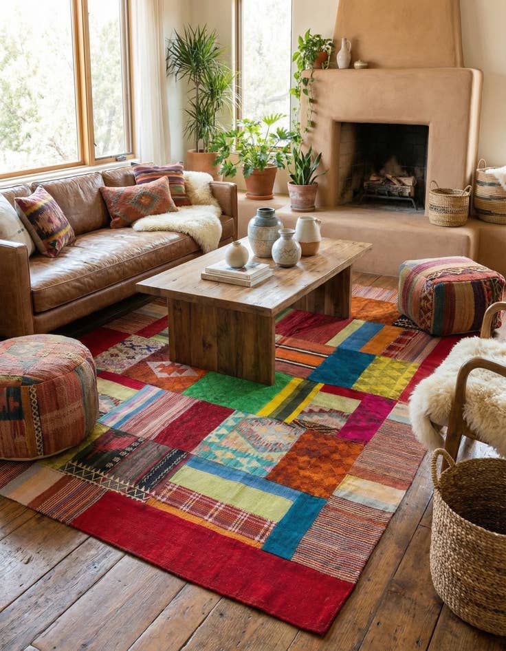 Detail image of 5' 8 x 8'  Hand Woven Kilim Patchwork Wool Rug