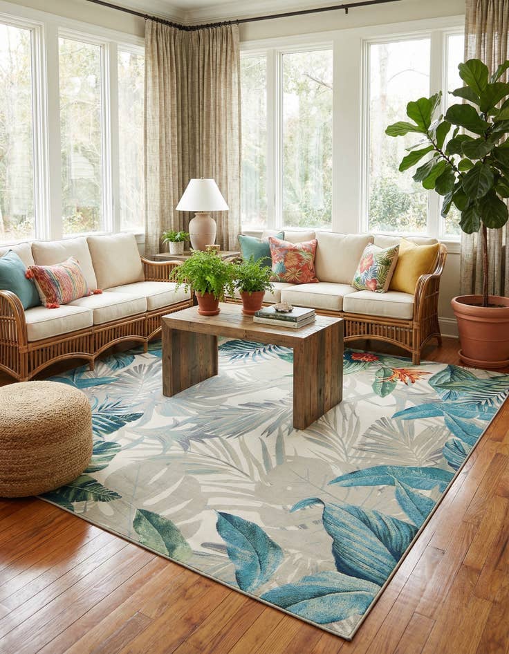 Detail image of 10' x 10'  Washable Botanical Indoor / Outdoor Square Rug