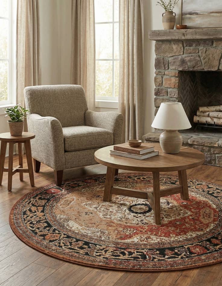 Detail image of 4' x 4'  Washable Traditional Indoor / Outdoor Round Rug