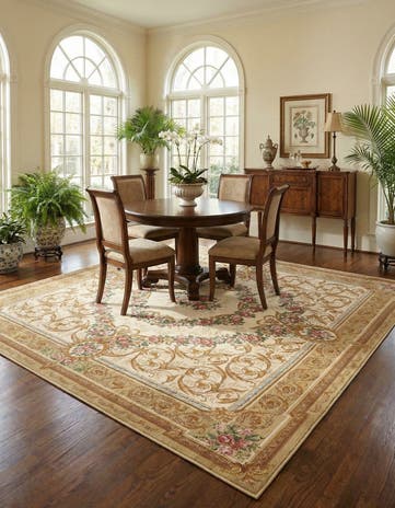 Ivory and Beige Easy-Clean Traditional Indoor / Outdoor Square Rug