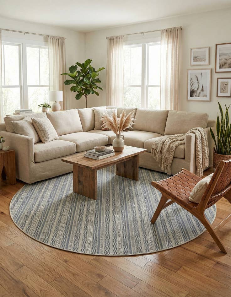 Detail image of 7' 10 x 7' 10  Washable Striped Indoor / Outdoor Round Rug